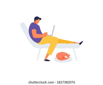 Freelancer guy working from home. Remote work and freelance vector illustration