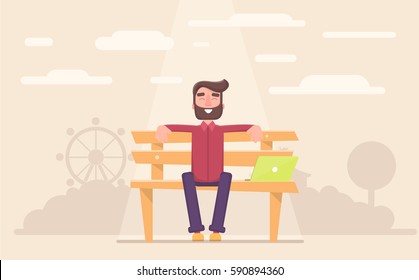 Freelancer happy sitting in the park taking a break at work. Vector illustration in a flat style