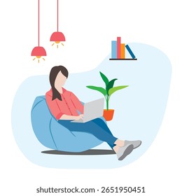 Freelancer, mulher feliz sentada no sofá trabalhando em casa, trabalho remoto. Ilustração vetorial para banner da web, infográficos, cartaz, móvel