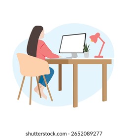 Freelancer, mulher feliz sentada no sofá trabalhando em casa, trabalho remoto. Ilustração vetorial para banner da web, infográficos, cartaz, móvel