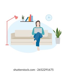 Freelancer, mulher feliz sentada no sofá trabalhando em casa, trabalho remoto. Ilustração vetorial para banner da web, infográficos, cartaz, móvel