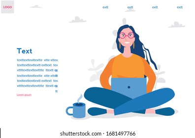 Freelancer, happy woman working at home and drinking coffee, remote work, Vector illustration for web banner, infographics, mobile