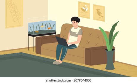 Freelancer. Happy young man sits at a computer at home and works remotely or carries out a private order. Flat vector illustration