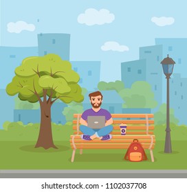 Freelancer happy young men working on the bench in park with coffee. Vector illustration of guy sitting with computer and using laptop studying or doing network in flat style.
