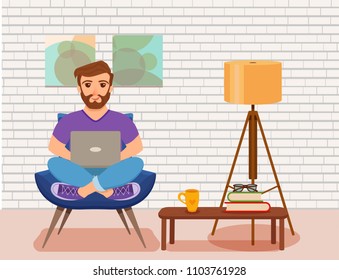 Freelancer happy young men working on the arm chair in room modern interior with floor lamp, potted plant. Vector illustration of guy sitting with computer and using laptop studying or doing network 