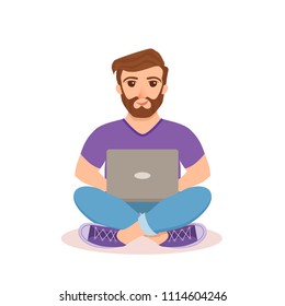 Freelancer happy young men working. Vector illustration of guy sitting with computer and using laptop studying or doing network in inside house in flat style.
