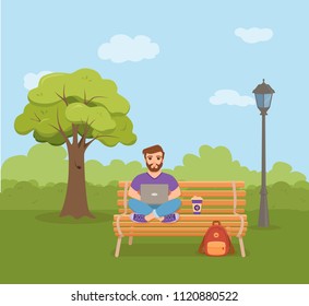 Freelancer happy young men working on the bench in park with coffee. Vector illustration of guy sitting with computer and using laptop studying or doing network in flat style.