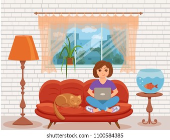 Freelancer happy young woman working on the sofa in home living room. Vector illustration of girl sitting with computer and using laptop studying or doing network in inside house interior flat style.