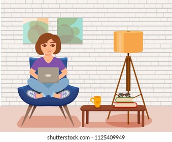Freelancer happy young woman working on the arm chair in room modern interior with floor lamp, Vector illustration of girl sitting with computer and using laptop studying or doing networ