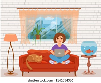 Freelancer happy young woman working on the sofa in home living room. Vector illustration of girl sitting with computer and using laptop studying or doing network in inside house interior flat style.