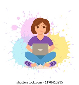 Freelancer happy young woman working. Vector illustration of girl sitting with computer and using laptop studying or doing network in inside house in flat style.