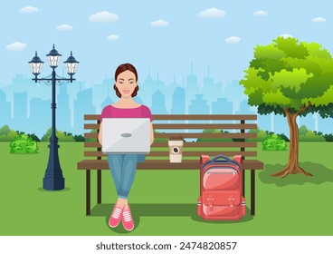 Freelancer glückliche junge Frau auf der Bank im Park mit Kaffee arbeiten. Vektorillustration eines Mädchens, das mit einem Computer sitzt und Laptop benutzt, das lernt oder Netzwerk im flachen Stil macht.