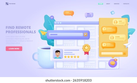 Plataforma de contratação Freelancer com bate-papo on-line e perfis de candidatos. Site de pesquisa de emprego remoto e conceito de aplicativo de recrutamento. Ilustração de vetor 3d. Ilustração isolada de vetor. Imagem do herói