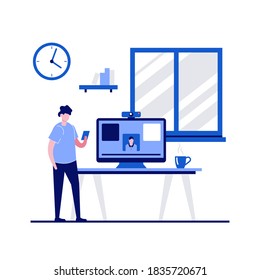 Freelancer at home concept with character. Working relaxed, work on comfortable set on a workplace. Make money at home, earn in internet, success, remote work. Modern flat style for landing page.