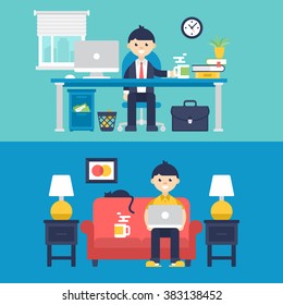 Freelancer at home and full-time employer in office concept design. Isolated vector illustration