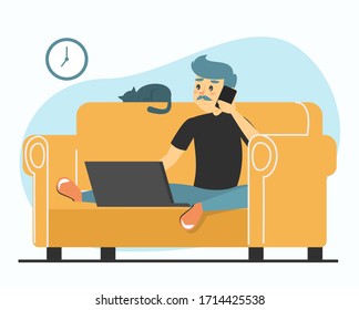 Freelancer at home. Man working remote , sitting on the couch. Stay home, stay healthy, quarantine concept. Person sitting on the sofa and working on laptop.