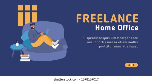Freelancer home office workplace, leisure concept. Flat style modern web site vector illustration of freelance young man wearing casual clothes using computer in living room interior.