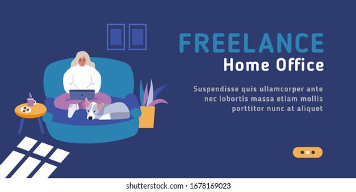 Freelancer home office workplace, leisure concept. Flat style modern web site vector illustration of freelance young woman wearing casual clothes using computer in living room interior.