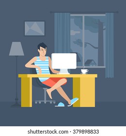 Freelancer home office workplace, leisure concept. Flat style modern web site vector illustration of freelance young man wearing casual clothes using computer in living room interior.