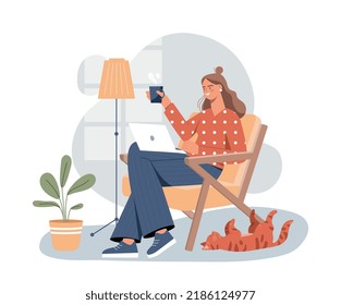 Freelancer At Home. Young Girl Relaxing At Home With Mug Of Hot Drink. Hostess With Pet, Effective Time Management. Remote Employee With Cat Working On Project. Cartoon Flat Vector Illustration