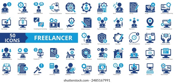 Juego de colecciones de iconos de Freelancer. Conteniendo trabajo autónomo, trabajo independiente, profesional, Sitio web, obrero, industrias, destrezas icono. Simple Ilustración vectorial plana.