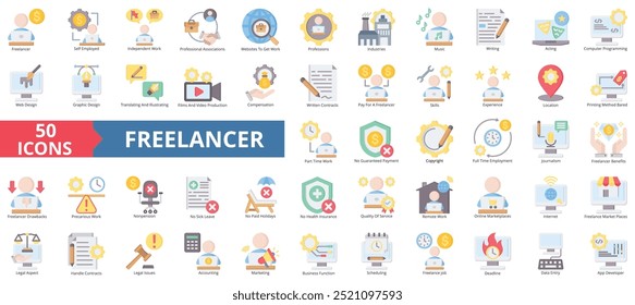 Conjunto de colecciones de iconos de Freelancer. Contiene trabajadores por cuenta propia, trabajo independiente, profesional, Sitio web, trabajador, industrias, icono de habilidades. Ilustración de color plano simple.