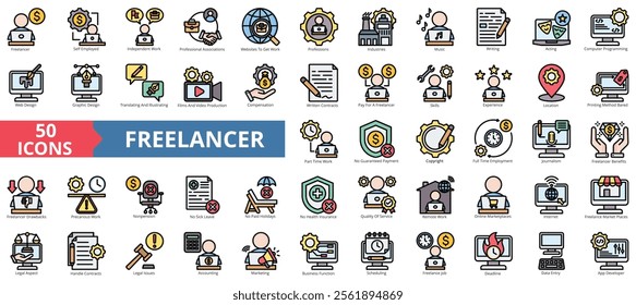 Freelancer icon collection set. Containing self employed, independent work, professional, website, worker, industries, skills icon. Simple flat outline color illustration