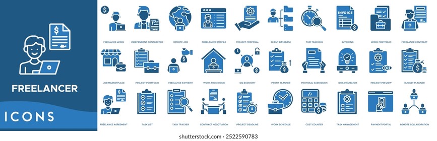 Icono de Freelancer. Trabajo independiente, contratista Independiente, trabajo remoto, Perfil independiente y propuesta de proyecto