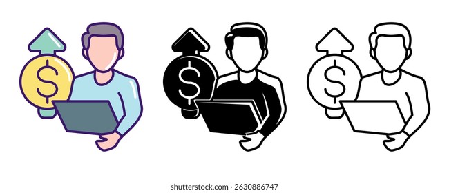 ícone Freelancer representado por Casual Worker, laptop, dinheiro Linha, Preenchido, Cor estilo.