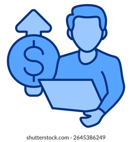 Ícone Freelancer representado por Casual Worker, laptop, dinheiro Estilo azul.