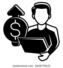 Ícone Freelancer representado por Casual Worker, laptop, dinheiro Black Filled style.