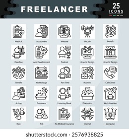 Freelancer icon set containing Accountant, Website, No Job, Benefit, Deadline, App Development, Podcast, Graphic Design, Part Time, Acting icon. Simple line vector