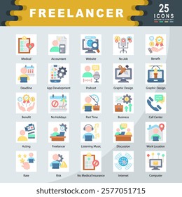 Freelancer icon set containing Accountant, Website, No Job, Benefit, Deadline, App Development, Podcast, Graphic Design, Part Time, Acting icon. Simple flat vector