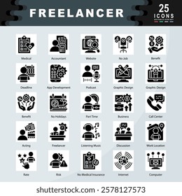 Freelancer icon set containing Accountant, Website, No Job, Benefit, Deadline, App Development, Podcast, Graphic Design, Part Time, Acting icon. Simple glyph vector