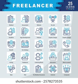 Freelancer icon set containing Accountant, Website, No Job, Benefit, Deadline, App Development, Podcast, Graphic Design, Part Time, Acting icon. Simple vector illustration
