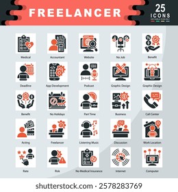 Freelancer icon set containing Accountant, Website, No Job, Benefit, Deadline, App Development, Podcast, Graphic Design, Part Time, Acting icon. Simple vector illustration