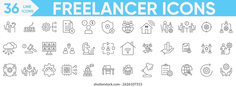 Freelancer icon set.work on-line, freelancing, computador, reunião, escritório, home office, nômade digital, digitalização, portfólio e muito mais.Vetor e ilustrador conjunto.