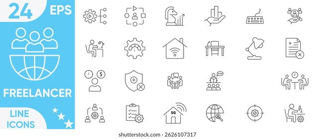 Freelancer icon set.work on-line, freelancing, computador, reunião, escritório, home office, nômade digital, digitalização, portfólio e muito mais.Vetor e ilustrador conjunto.