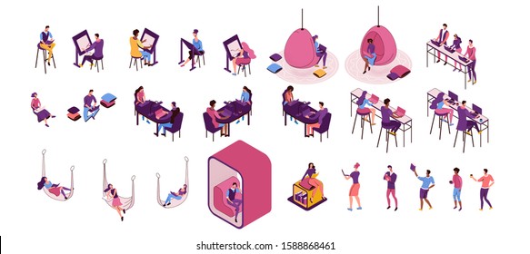 Freelancer isolated set, man working in office, lying in hammock, people with laptop in coworking space at high tables and in hanging egg chair, sitting on sofa, modern graphic vector illustration