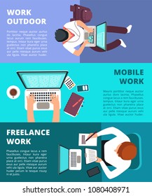 Freelancer journalist working at laptop. Home work, business writing and freelance vector banners. Journalist with laptop, business work office for freelance illustration