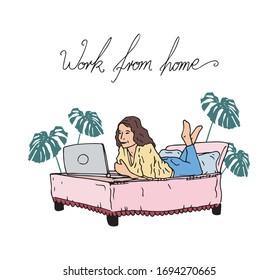 Freelancer lady laying on her bed work from home, relaxing surrounded with house plants, colored vector illustration. Getting job done inside apartment. Woman working on the laptop computer.