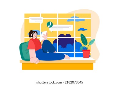Freelancer lady talking on tablet white seating on window