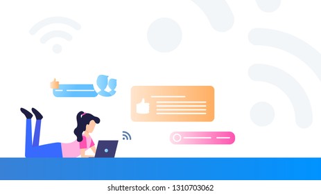 Freelancer Lady Work Laptop while Laying on Floor. Computer WiFi Signal is On. Business Woman Lay down Surf Social Media in Leisure. Online Shopping. Flat Cartoon Vector Illustration