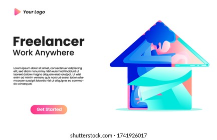 freelancer landing page with man working with laptop inside a tiny house