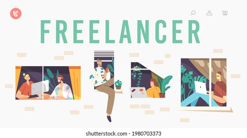 Freelancer Landing Page Template. Relaxed Characters in Windows. Remote Workplace, Freelance Occupation, Outsourced Employees Working Distant on Laptop from Home. Cartoon People Vector Illustration
