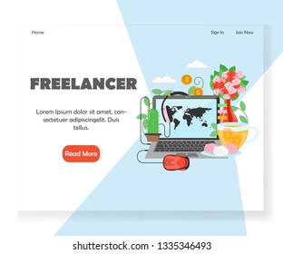 Freelancer landing page template. Vector flat style design concept for freelance website, mobile site development. Comfortable stylish home workplace with modern equipment, freelance service concepts.