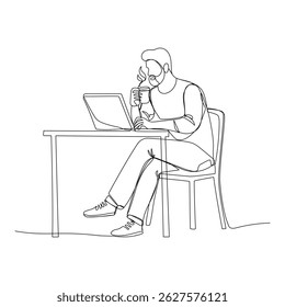 Um freelancer com um laptop e café em um estilo de arte de uma linha contínua. Ilustração de vetor simples