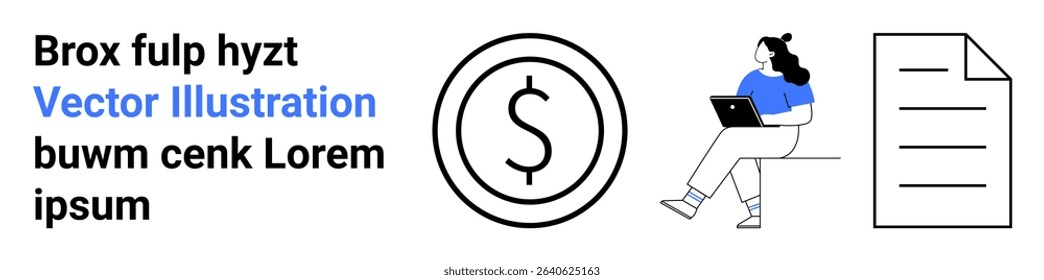 Freelancer with laptop, dollar icon, and document symbol. Ideal for finance, remote work, digital nomad lifestyle, earnings, freelance, work management, productivity. Landing page