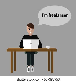 Freelancer with laptop. Flat vector illustration. Front view.