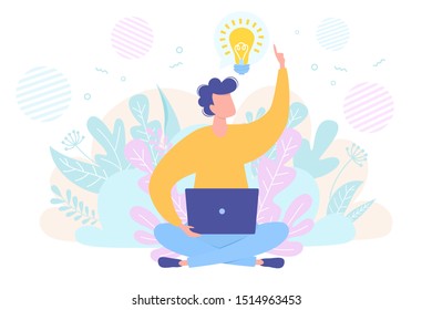 Freelancer with a laptop got a great idea. Vector